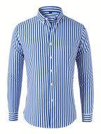 Trendy Stripe Print Men's Casual Button Up Long Sleeve Shirt, Men's Clothes For Spring Summer Autumn, Tops For Men