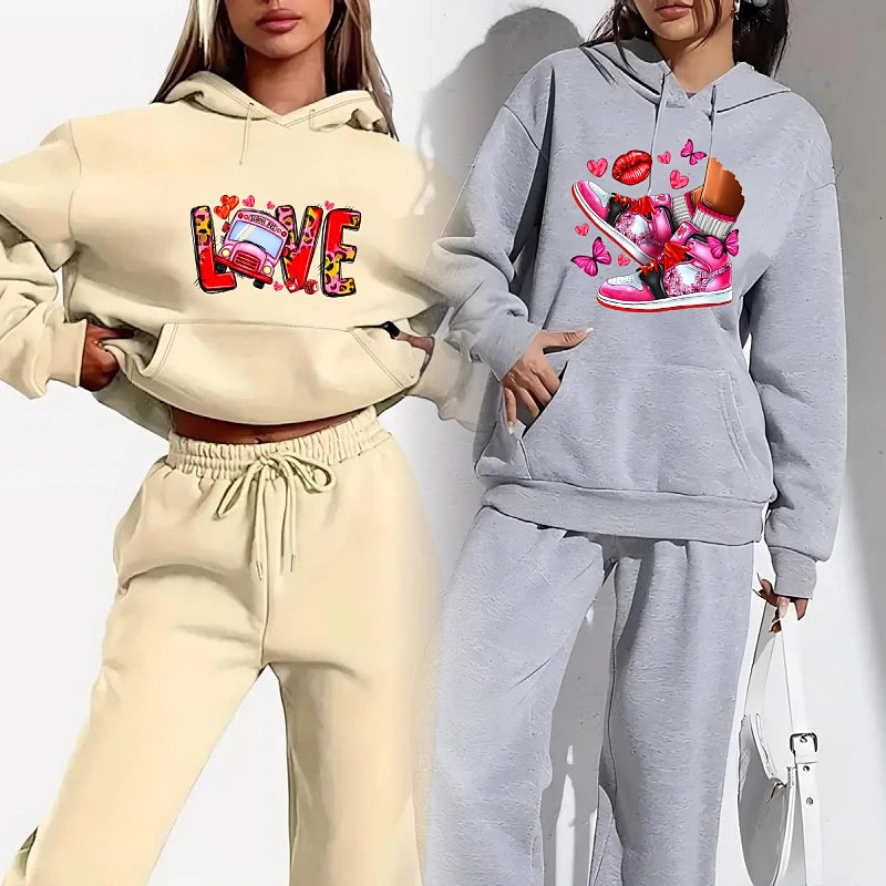New Arrival Fashion Sweatshirt Women's Clothes Valentine's Day Print Sports Ladies Hoodie Women Two Piece Pants Sets