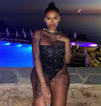 Beach Holiday Hollow Out Women's Clothes Hot-Selling Long Sleeve Mesh Rhinestone Round Neck Dress