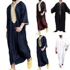 New Fashion Middle East Arab Men V-neck Printed Half Sleeve Thin Robe Ethnic Long Shirt Loose Men's Clothes Casual Dress Robe