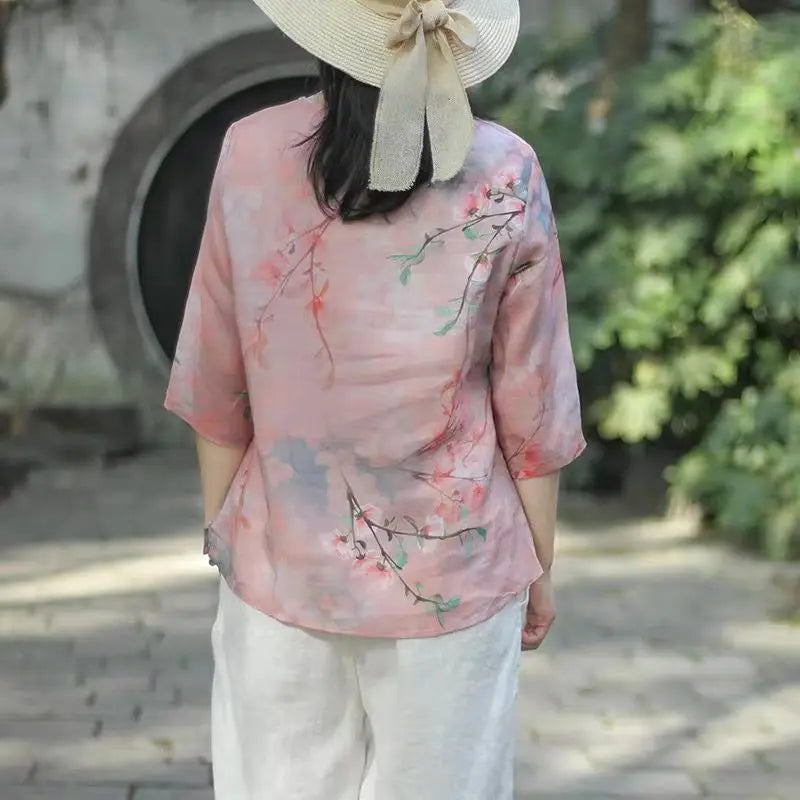 Women Fashion Pink Floral V-neck Shirts Half Sleeve Tops T-shirt Retro Linen Loose Literary Women's Clothes Casual Shirt