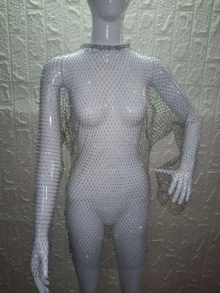 Beach Holiday Hollow Out Women's Clothes Hot-Selling Long Sleeve Mesh Rhinestone Round Neck Dress