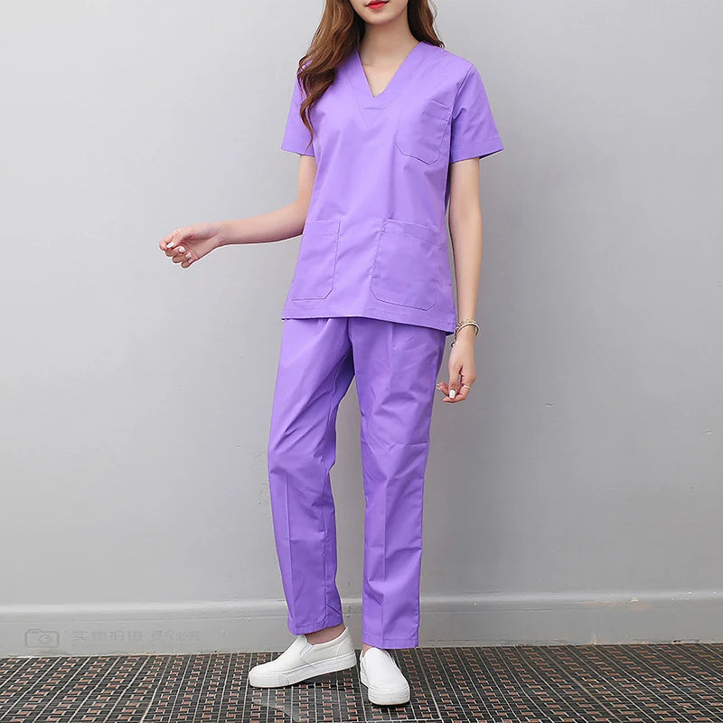 Workwear Clothes Health Workers Frosted Tops Pants Beauty Salon Scrub Uniforms Scrubs Set Short Sleeve V-neck Uniform coat