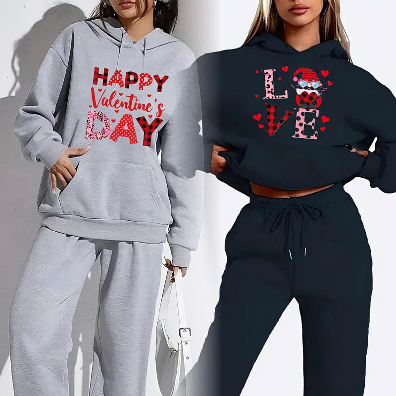 New Arrival Fashion Sweatshirt Women's Clothes Valentine's Day Print Sports Ladies Hoodie Women Two Piece Pants Sets