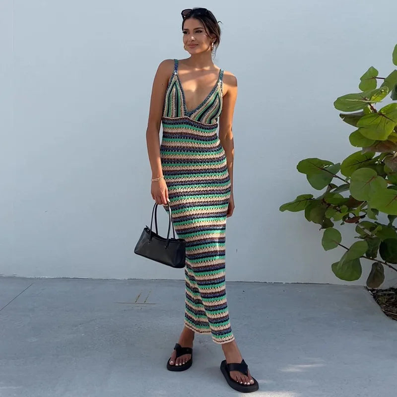 WY8335  Summer Knit Sweater Strip Dress V Neck Women's Clothes Sexy Bodycon Backless Party Maxi Sweater Dress
