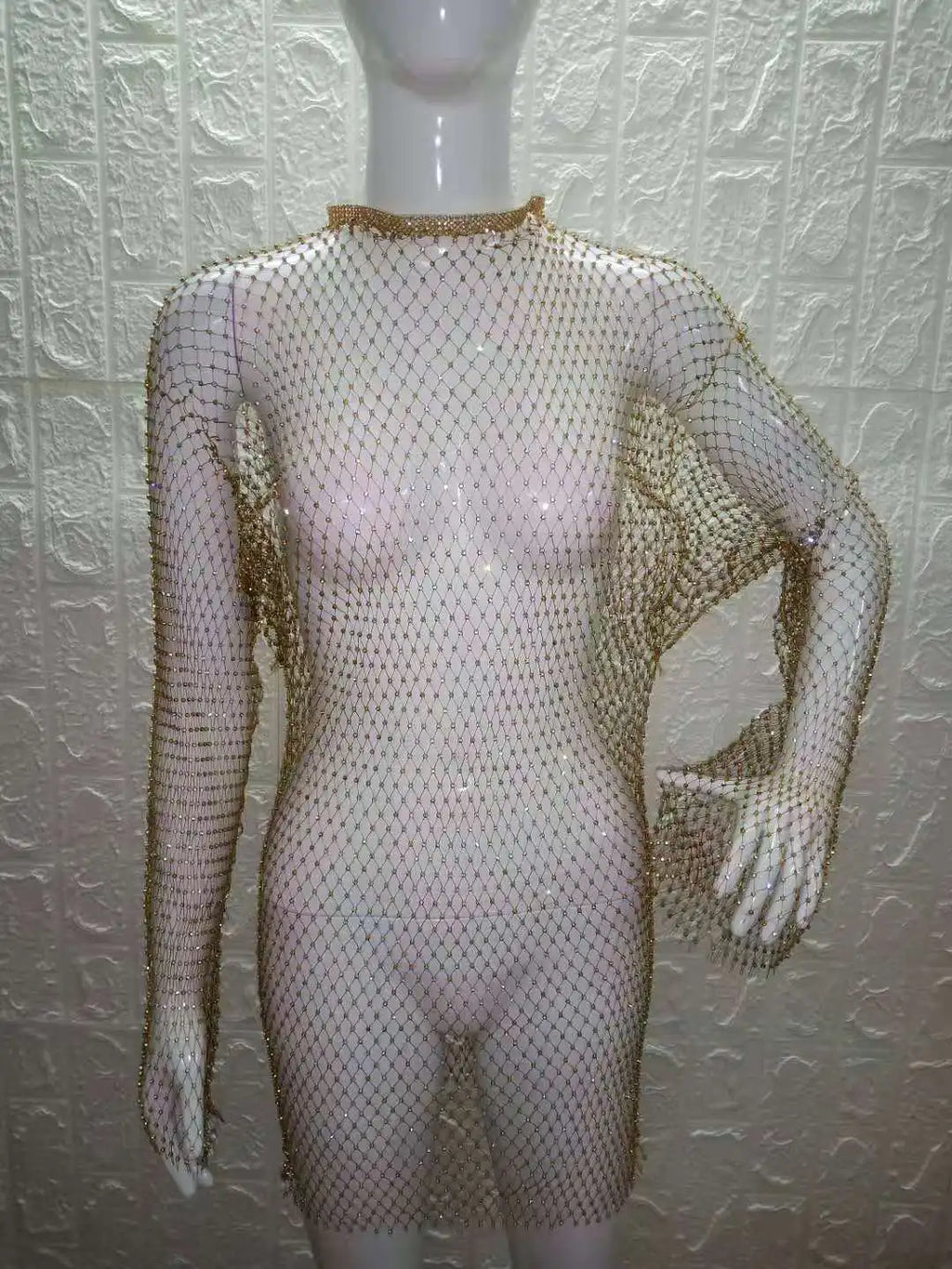 Beach Holiday Hollow Out Women's Clothes Hot-Selling Long Sleeve Mesh Rhinestone Round Neck Dress