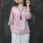 Women Fashion Pink Floral V-neck Shirts Half Sleeve Tops T-shirt Retro Linen Loose Literary Women's Clothes Casual Shirt