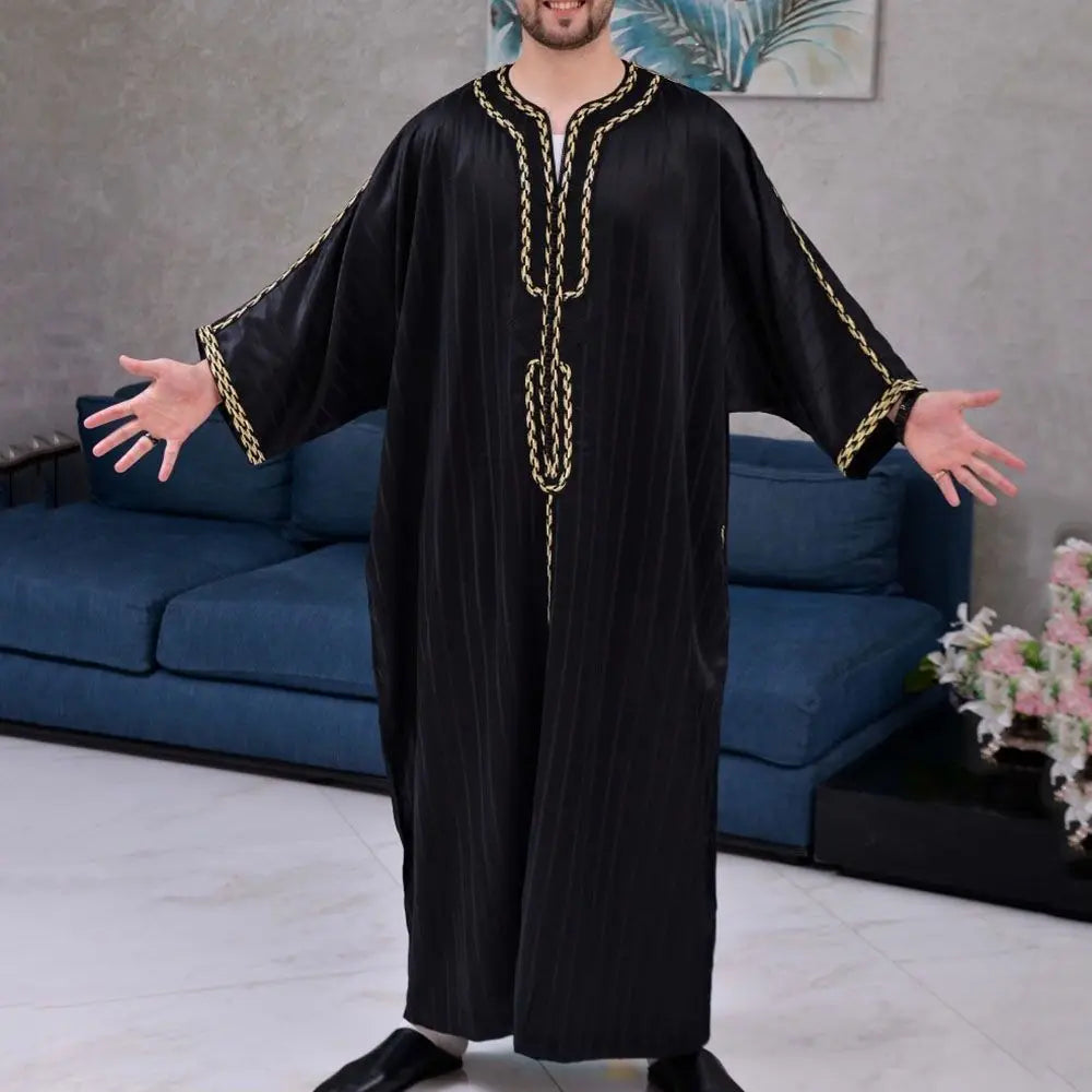 New Fashion Middle East Arab Men V-neck Printed Half Sleeve Thin Robe Ethnic Long Shirt Loose Men's Clothes Casual Dress Robe