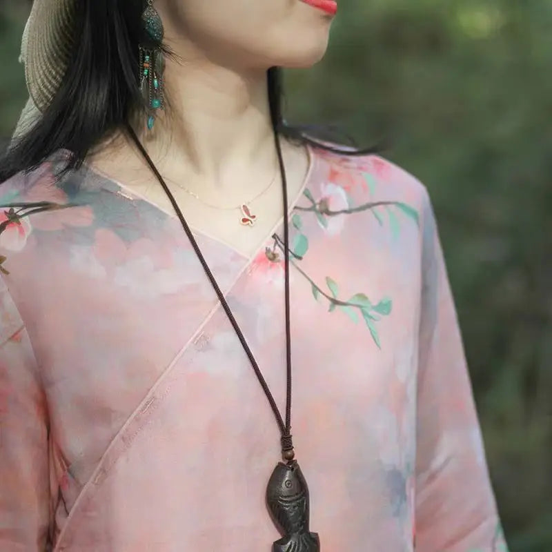 Women Fashion Pink Floral V-neck Shirts Half Sleeve Tops T-shirt Retro Linen Loose Literary Women's Clothes Casual Shirt