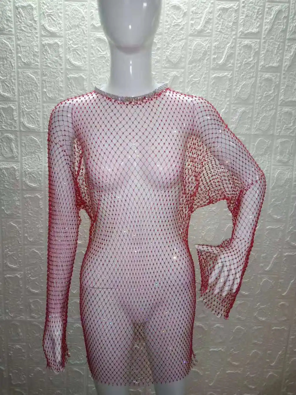 Beach Holiday Hollow Out Women's Clothes Hot-Selling Long Sleeve Mesh Rhinestone Round Neck Dress