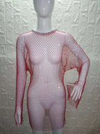 Beach Holiday Hollow Out Women's Clothes Hot-Selling Long Sleeve Mesh Rhinestone Round Neck Dress