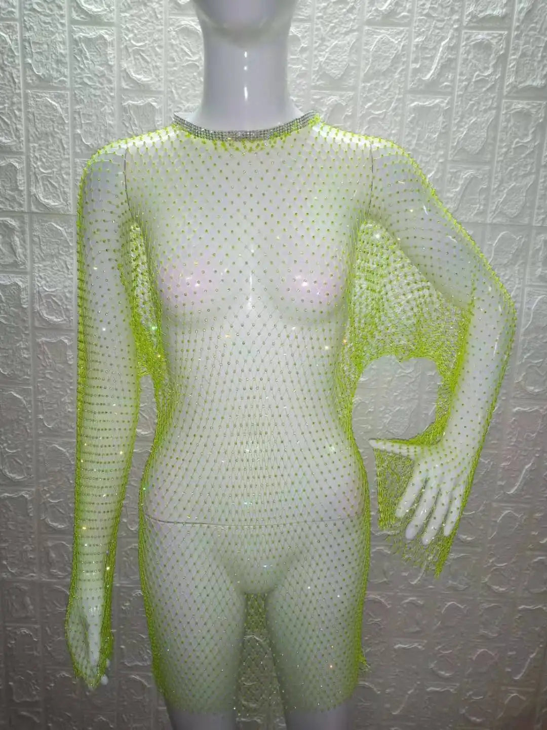 Beach Holiday Hollow Out Women's Clothes Hot-Selling Long Sleeve Mesh Rhinestone Round Neck Dress