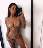 Beach Holiday Hollow Out Women's Clothes Hot-Selling Long Sleeve Mesh Rhinestone Round Neck Dress
