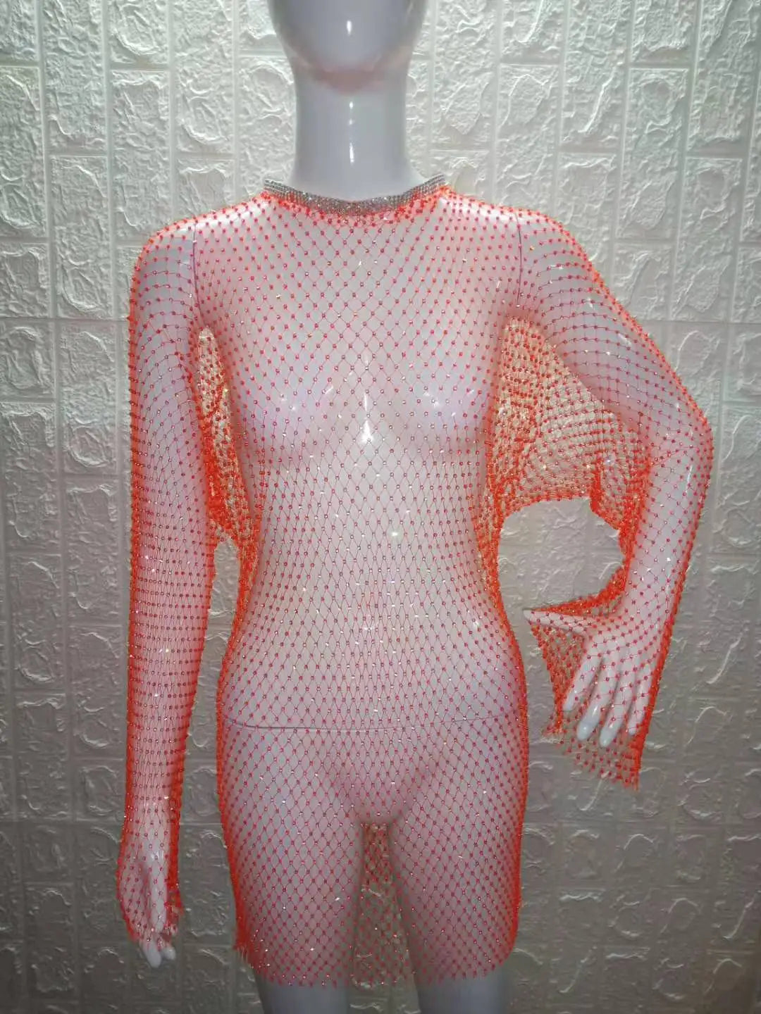 Beach Holiday Hollow Out Women's Clothes Hot-Selling Long Sleeve Mesh Rhinestone Round Neck Dress