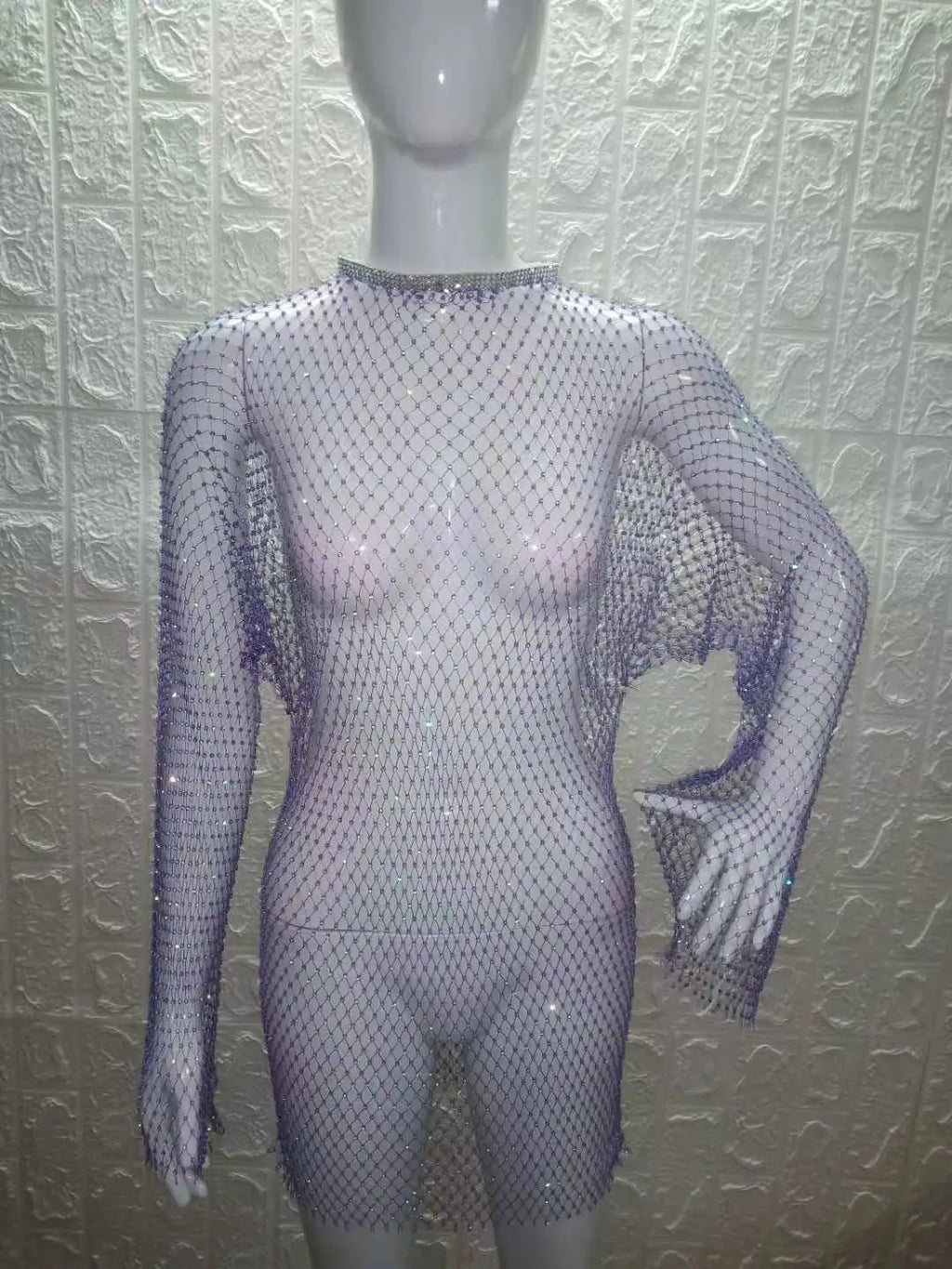 Beach Holiday Hollow Out Women's Clothes Hot-Selling Long Sleeve Mesh Rhinestone Round Neck Dress