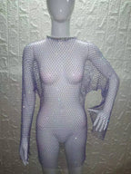 Beach Holiday Hollow Out Women's Clothes Hot-Selling Long Sleeve Mesh Rhinestone Round Neck Dress