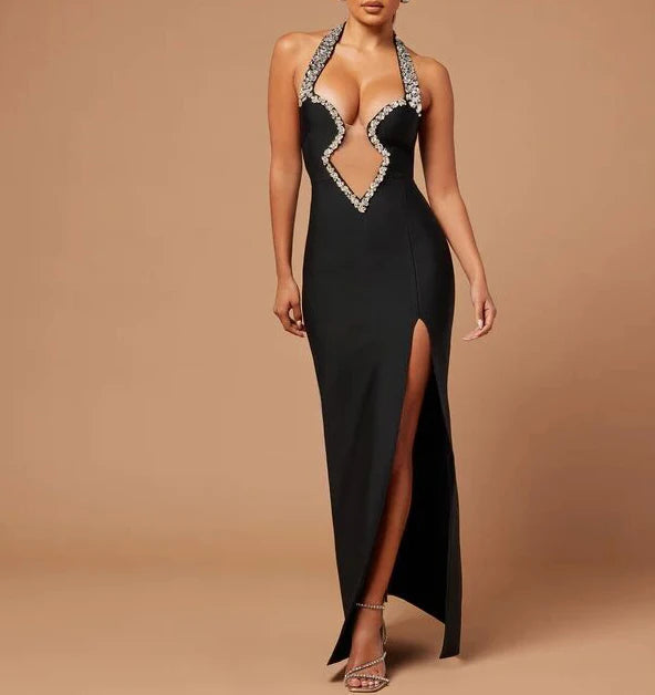New Arrival Women's Clothes Sexy Halter Hollow Out Long Dress Beading Diamonds Party Bandage Evening Dresses