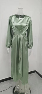 Women Satin Fabric Dubai Long Dress Satin Long Sleeve Slim Waist Lace up Belt Middle East Women's Clothes Casual Maxi Dress
