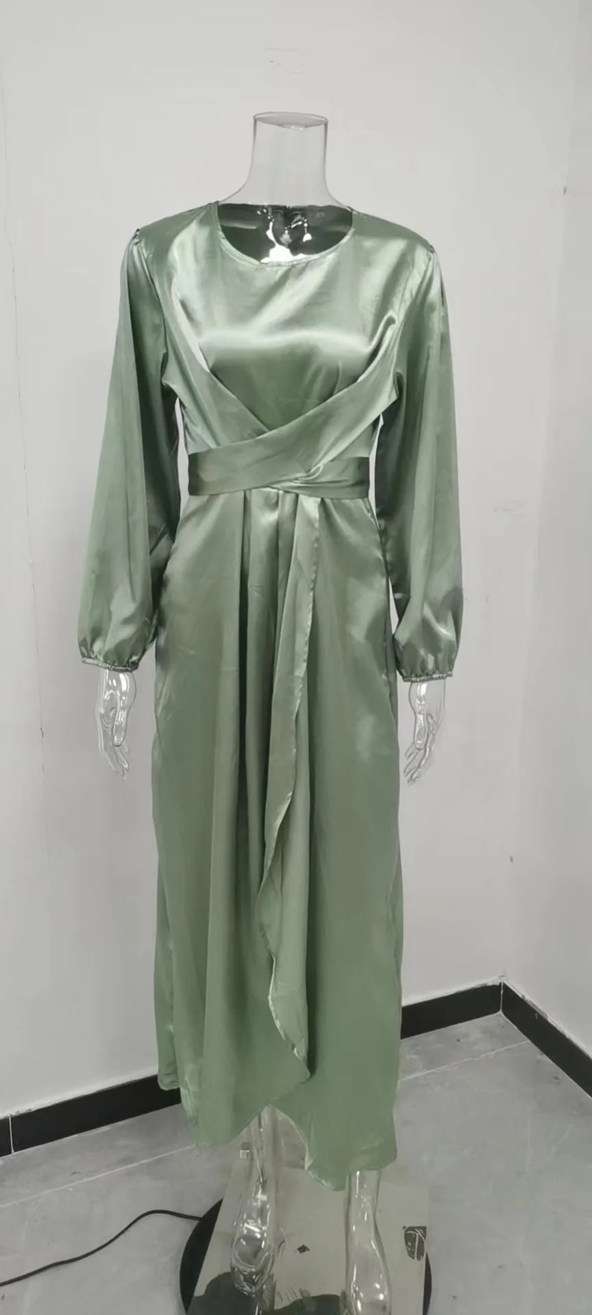 Women Satin Fabric Dubai Long Dress Satin Long Sleeve Slim Waist Lace up Belt Middle East Women's Clothes Casual Maxi Dress