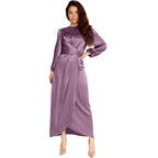 Women Satin Fabric Dubai Long Dress Satin Long Sleeve Slim Waist Lace up Belt Middle East Women's Clothes Casual Maxi Dress