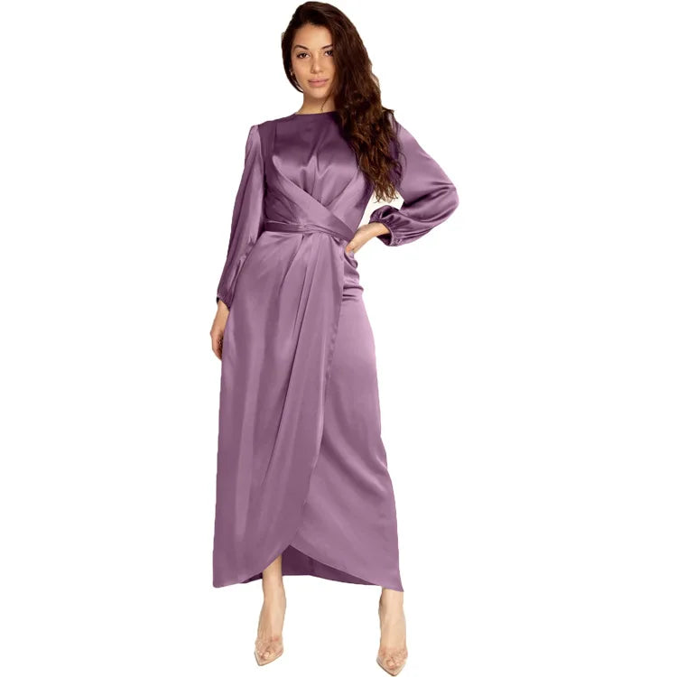 Women Satin Fabric Dubai Long Dress Satin Long Sleeve Slim Waist Lace up Belt Middle East Women's Clothes Casual Maxi Dress