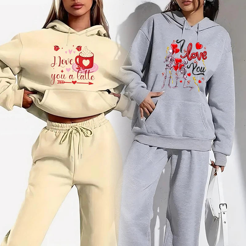 New Arrival Fashion Sweatshirt Women's Clothes Valentine's Day Print Sports Ladies Hoodie Women Two Piece Pants Sets