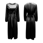 Women Satin Fabric Dubai Long Dress Satin Long Sleeve Slim Waist Lace up Belt Middle East Women's Clothes Casual Maxi Dress