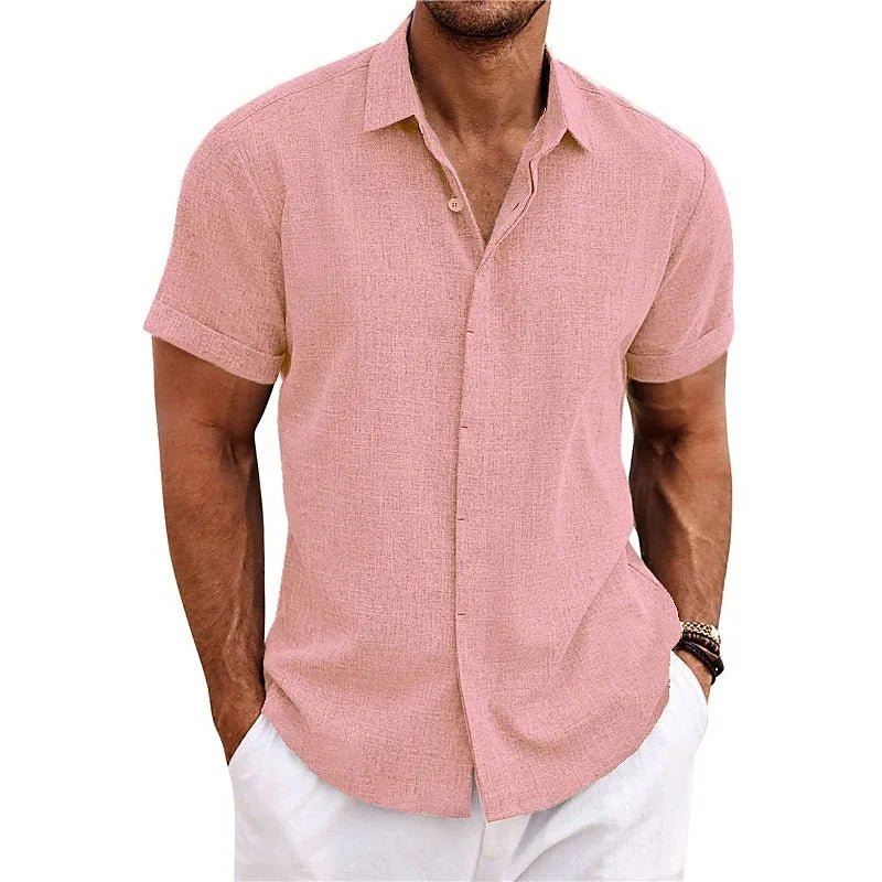 Men Summer Short Sleeve Tops Lapel Button Shirts Tops Solid Color Fashion Men's Clothes Loose T-shirt Beach Casual Shirt