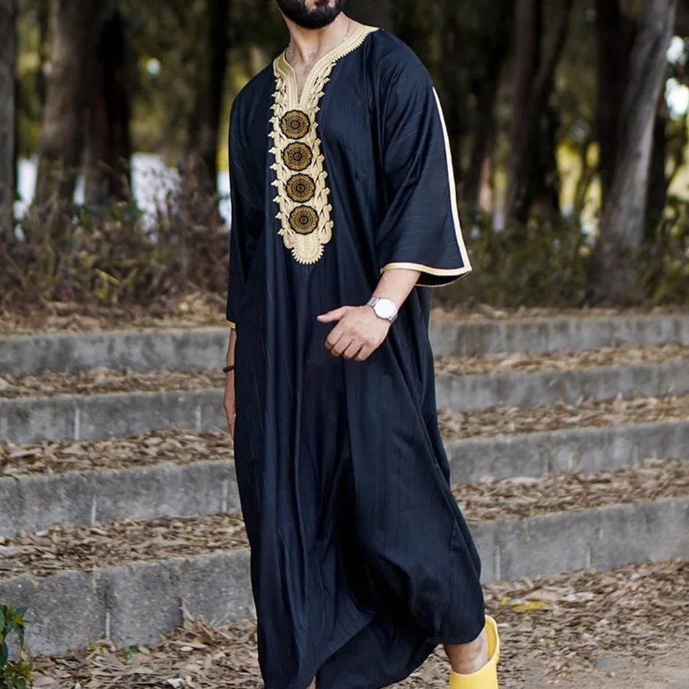 New Fashion Middle East Arab Men V-neck Printed Half Sleeve Thin Robe Ethnic Long Shirt Loose Men's Clothes Casual Dress Robe