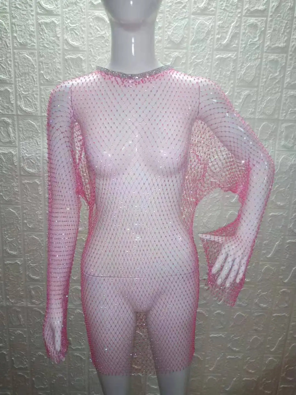 Beach Holiday Hollow Out Women's Clothes Hot-Selling Long Sleeve Mesh Rhinestone Round Neck Dress