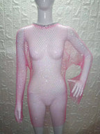 Beach Holiday Hollow Out Women's Clothes Hot-Selling Long Sleeve Mesh Rhinestone Round Neck Dress