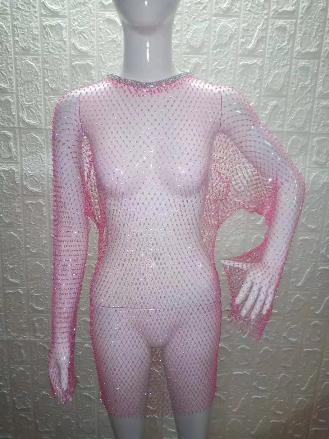 Beach Holiday Hollow Out Women's Clothes Hot-Selling Long Sleeve Mesh Rhinestone Round Neck Dress