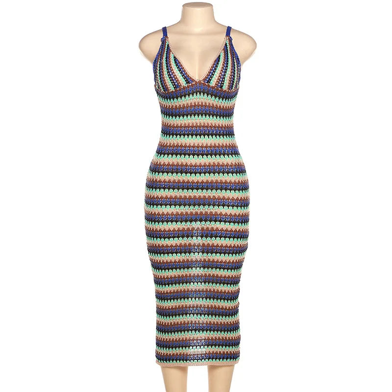 WY8335  Summer Knit Sweater Strip Dress V Neck Women's Clothes Sexy Bodycon Backless Party Maxi Sweater Dress