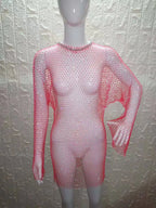 Beach Holiday Hollow Out Women's Clothes Hot-Selling Long Sleeve Mesh Rhinestone Round Neck Dress