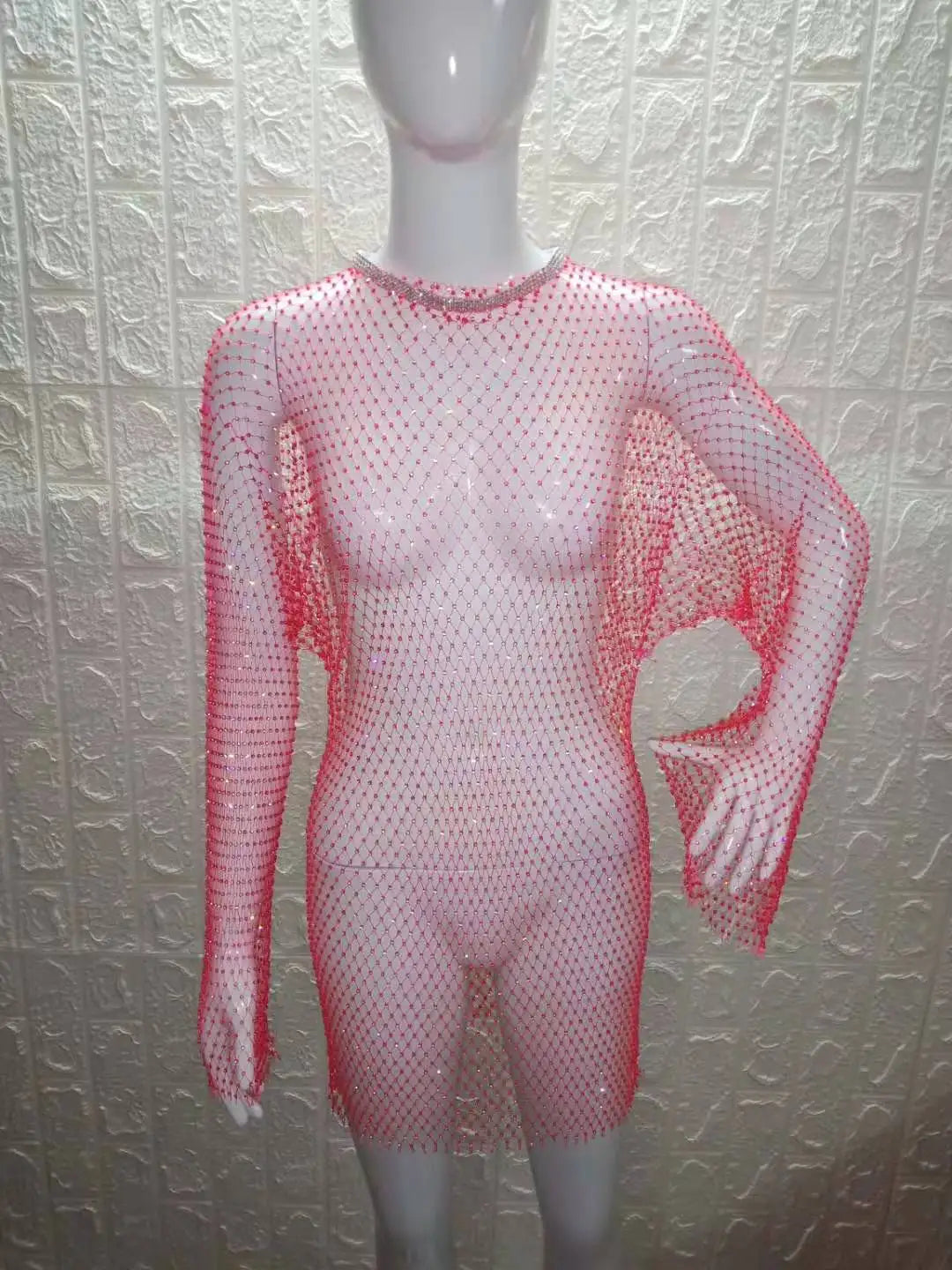 Beach Holiday Hollow Out Women's Clothes Hot-Selling Long Sleeve Mesh Rhinestone Round Neck Dress