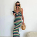 WY8335  Summer Knit Sweater Strip Dress V Neck Women's Clothes Sexy Bodycon Backless Party Maxi Sweater Dress