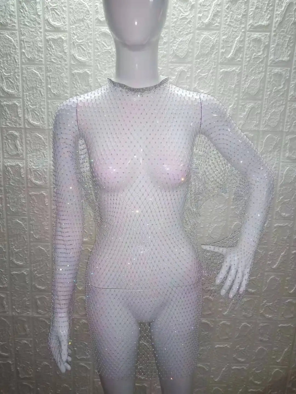 Beach Holiday Hollow Out Women's Clothes Hot-Selling Long Sleeve Mesh Rhinestone Round Neck Dress