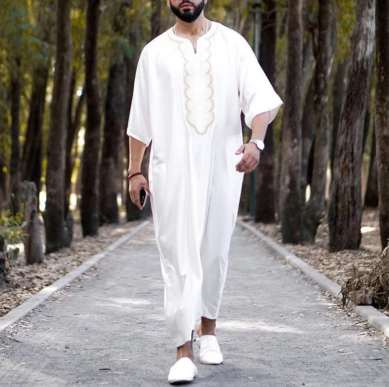 New Fashion Middle East Arab Men V-neck Printed Half Sleeve Thin Robe Ethnic Long Shirt Loose Men's Clothes Casual Dress Robe
