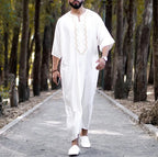 New Fashion Middle East Arab Men V-neck Printed Half Sleeve Thin Robe Ethnic Long Shirt Loose Men's Clothes Casual Dress Robe