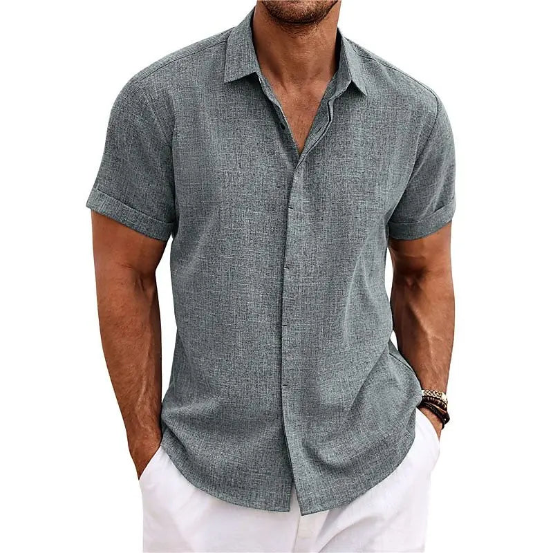 Men Summer Short Sleeve Tops Lapel Button Shirts Tops Solid Color Fashion Men's Clothes Loose T-shirt Beach Casual Shirt