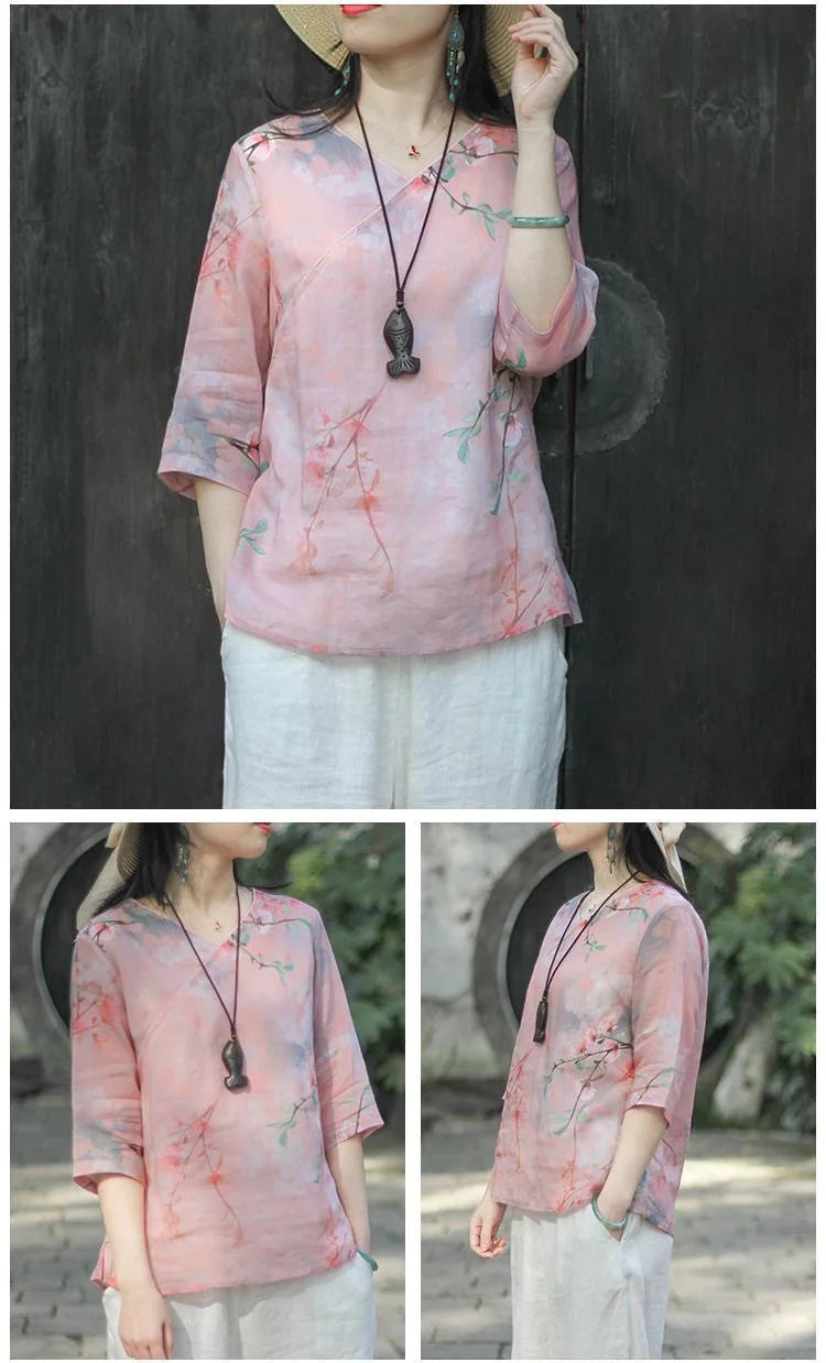 Women Fashion Pink Floral V-neck Shirts Half Sleeve Tops T-shirt Retro Linen Loose Literary Women's Clothes Casual Shirt