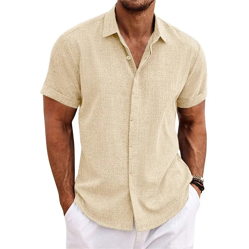 Men Summer Short Sleeve Tops Lapel Button Shirts Tops Solid Color Fashion Men's Clothes Loose T-shirt Beach Casual Shirt