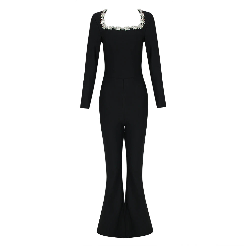 Women's Clothes New Fashion Rhinestone Bodycon Bandage Long Sleeve Jumpsuit