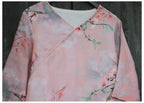 Women Fashion Pink Floral V-neck Shirts Half Sleeve Tops T-shirt Retro Linen Loose Literary Women's Clothes Casual Shirt