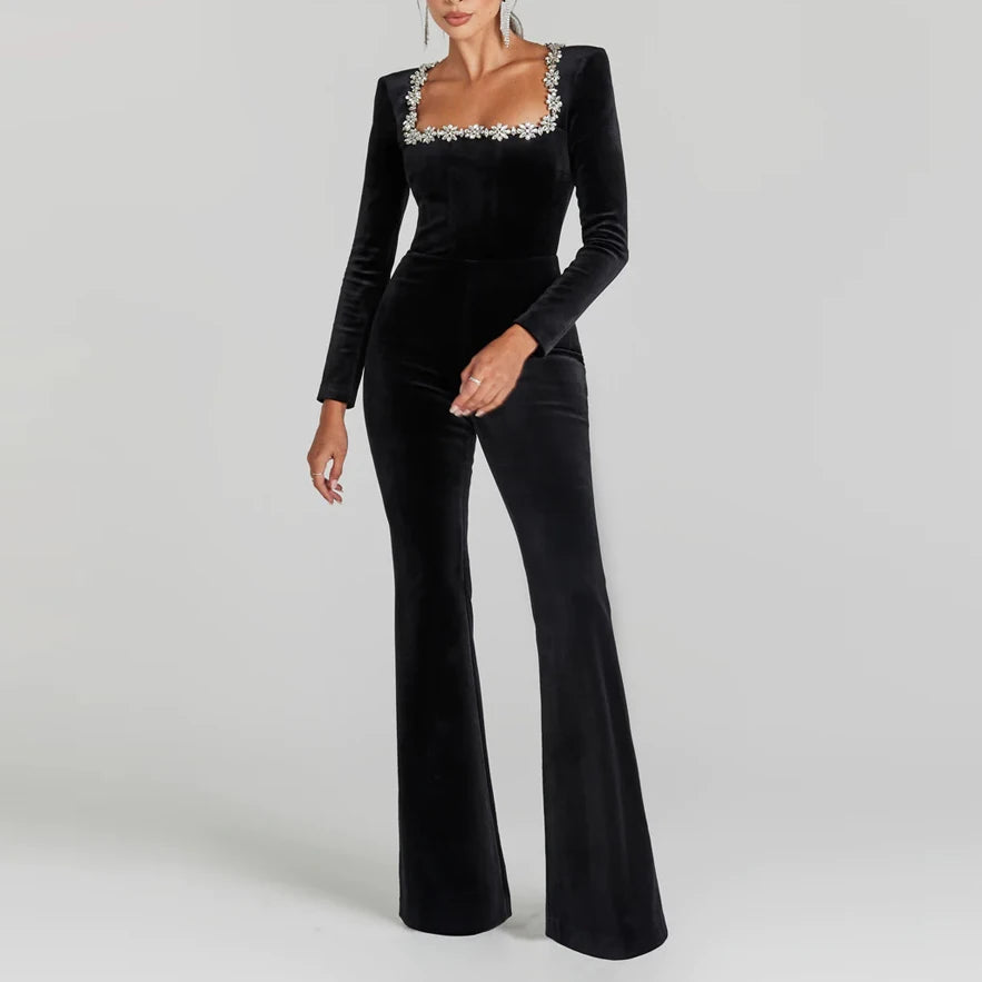 Women's Clothes New Fashion Rhinestone Bodycon Bandage Long Sleeve Jumpsuit