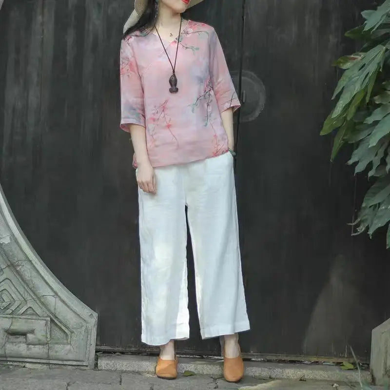 Women Fashion Pink Floral V-neck Shirts Half Sleeve Tops T-shirt Retro Linen Loose Literary Women's Clothes Casual Shirt