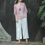 Women Fashion Pink Floral V-neck Shirts Half Sleeve Tops T-shirt Retro Linen Loose Literary Women's Clothes Casual Shirt