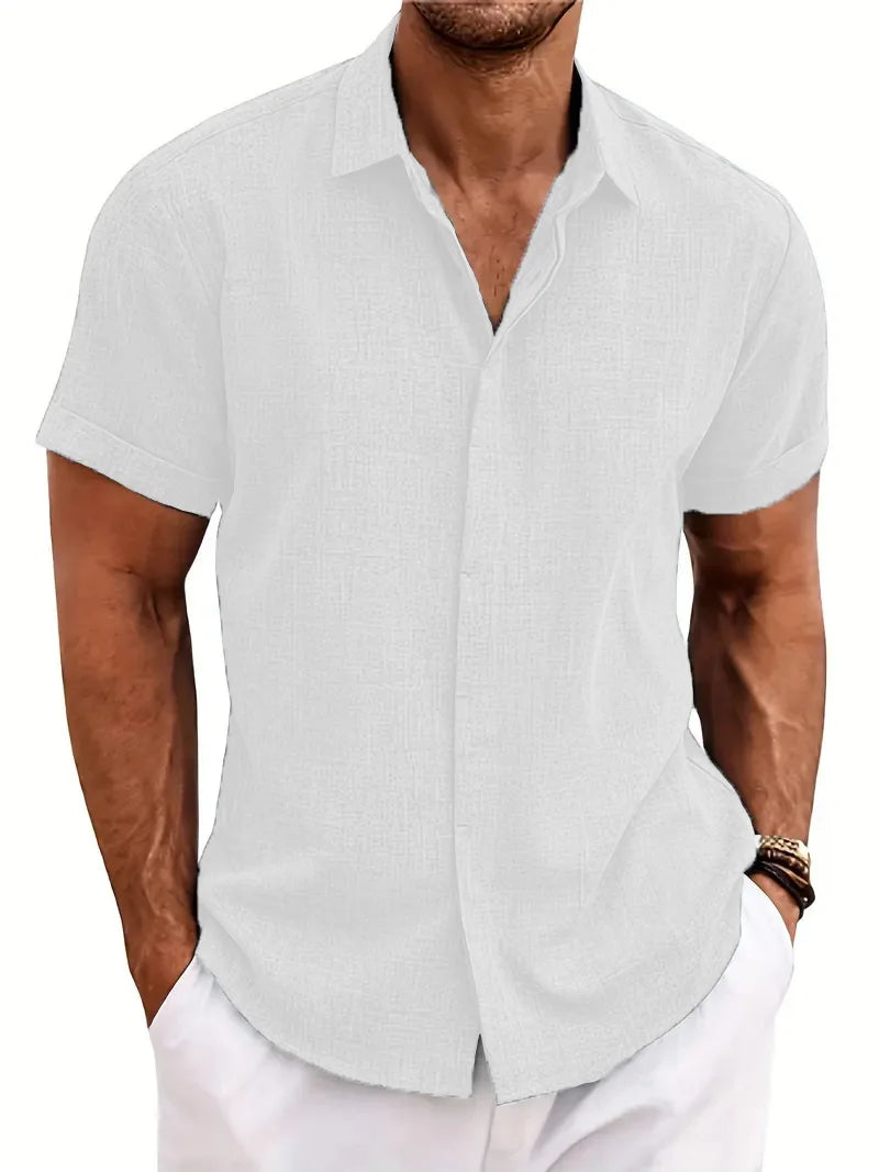 Men Summer Short Sleeve Tops Lapel Button Shirts Tops Solid Color Fashion Men's Clothes Loose T-shirt Beach Casual Shirt