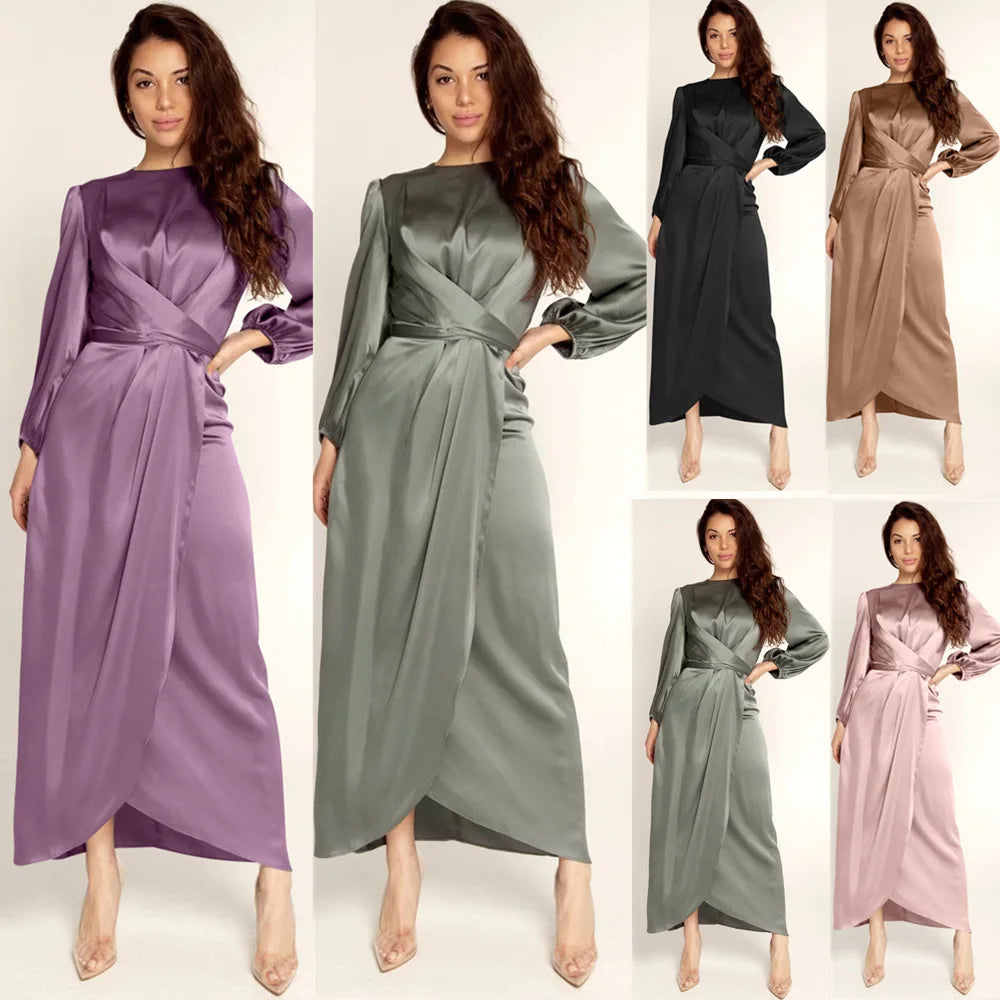 Women Satin Fabric Dubai Long Dress Satin Long Sleeve Slim Waist Lace up Belt Middle East Women's Clothes Casual Maxi Dress