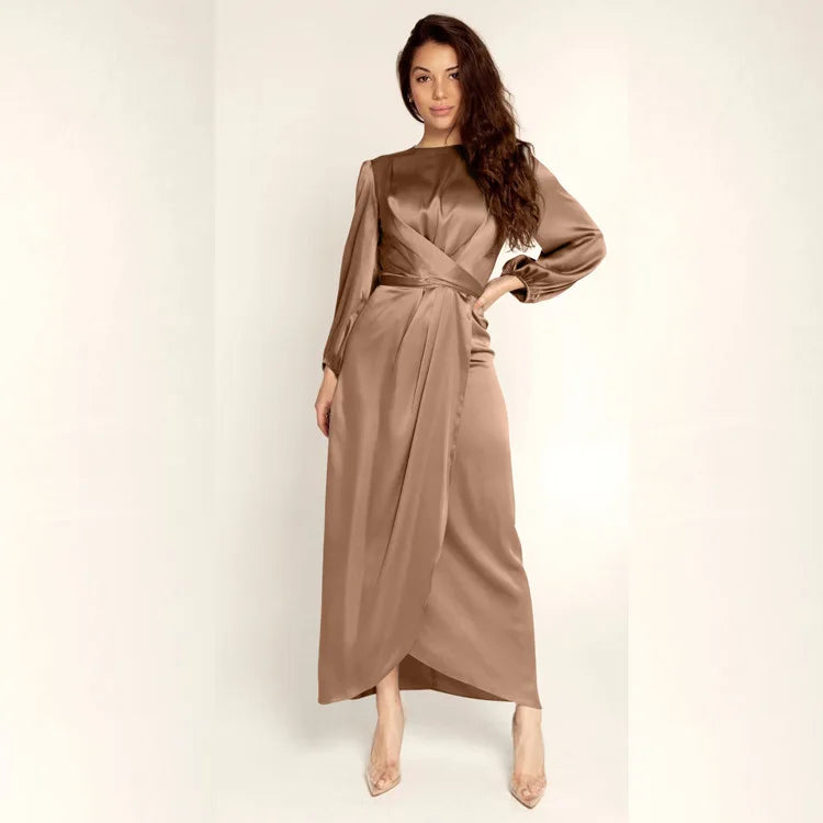 Women Satin Fabric Dubai Long Dress Satin Long Sleeve Slim Waist Lace up Belt Middle East Women's Clothes Casual Maxi Dress